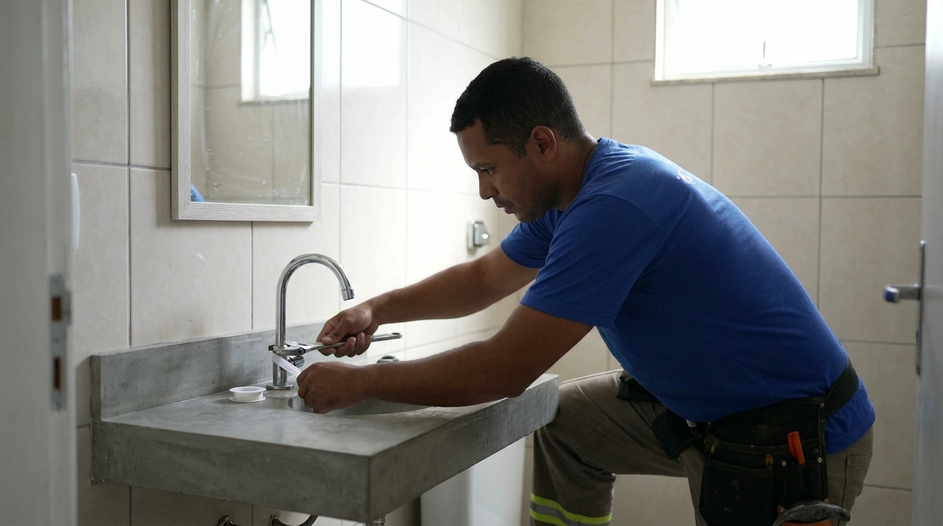 Encanador instalando torneira em Maceió‑AL