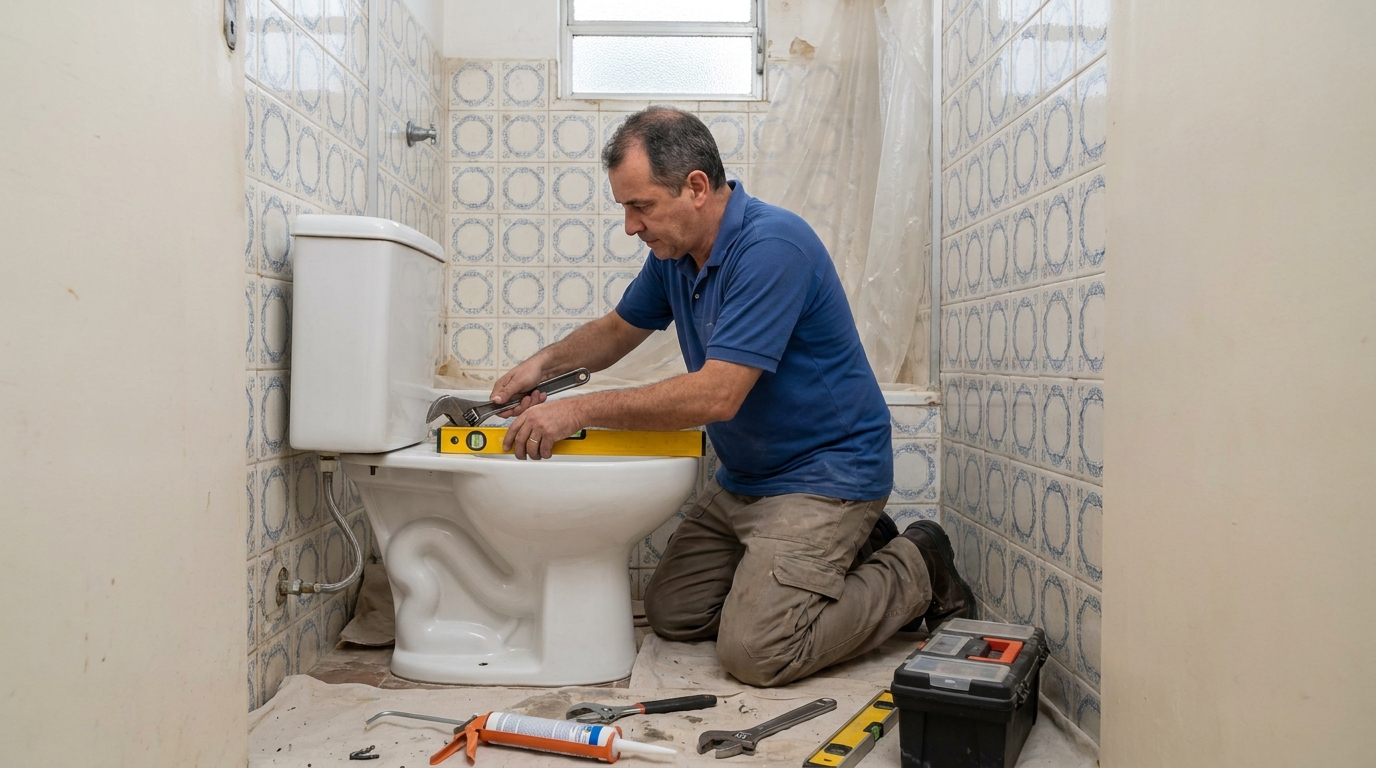 Técnico instalando vaso sanitário em Maceió‑AL